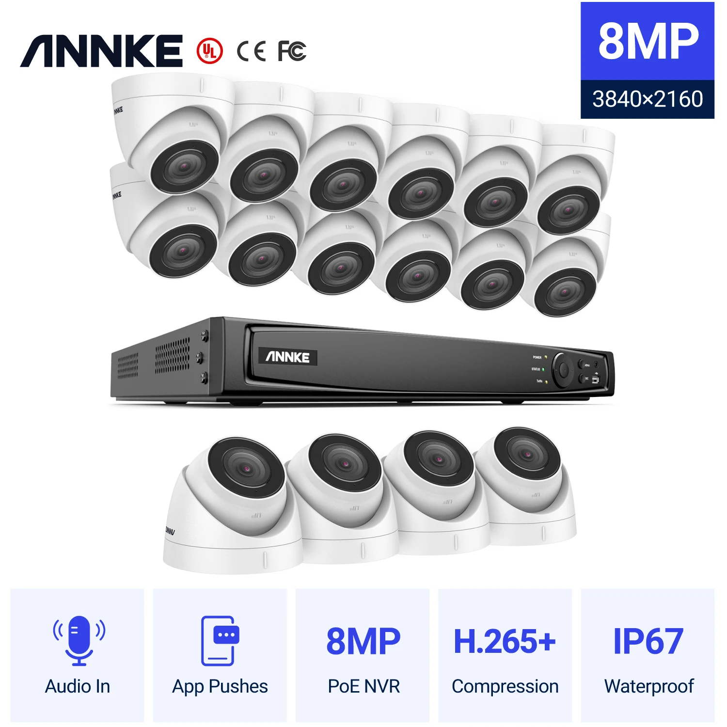 ANNKE 4K Ultra HD POE Video Surveillance System 16CH NVR Recorder 16PCS 8MP Security Cameras CCTV Kit Audio Recording Ip camera