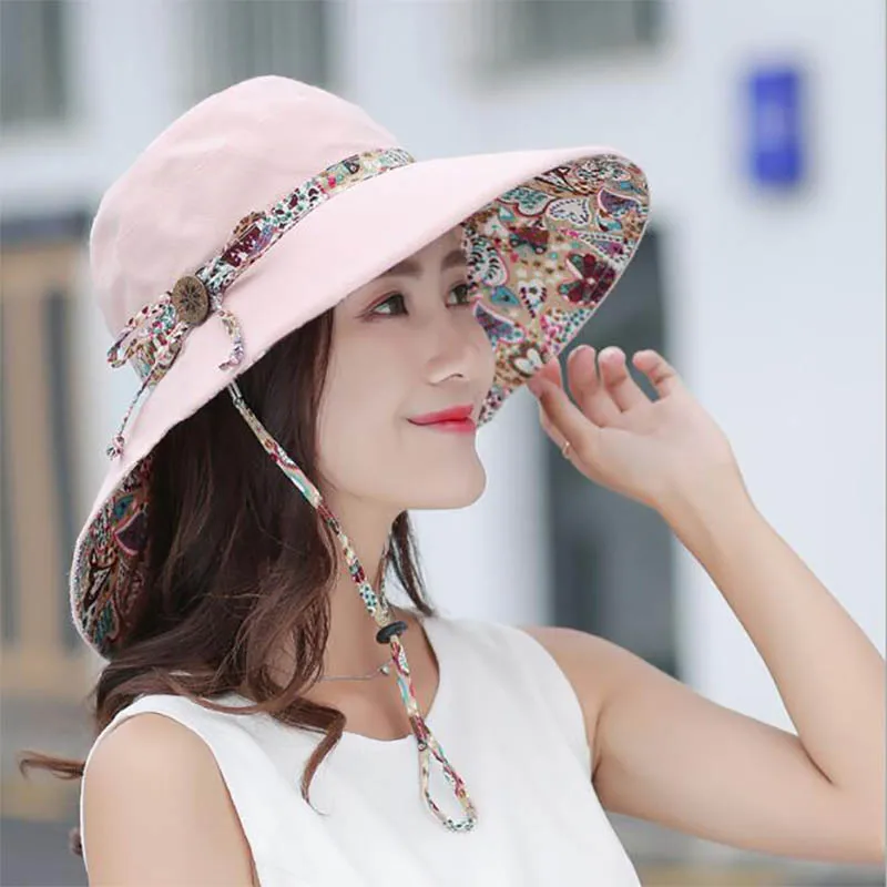 

New Double-Sided Wear Foldable Anti-UV Sun Hats Women Summer Ethnic Style Bucket Hats Travel Shopping Beach Caps