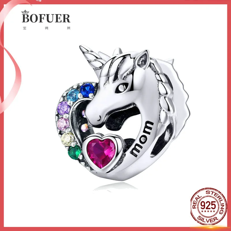 

New 925 Sterling Silver Charm Unicorn MOM Color Zircon Heart metal Beads Fit original Pandora charms Bracelets DIY Women Jewelry