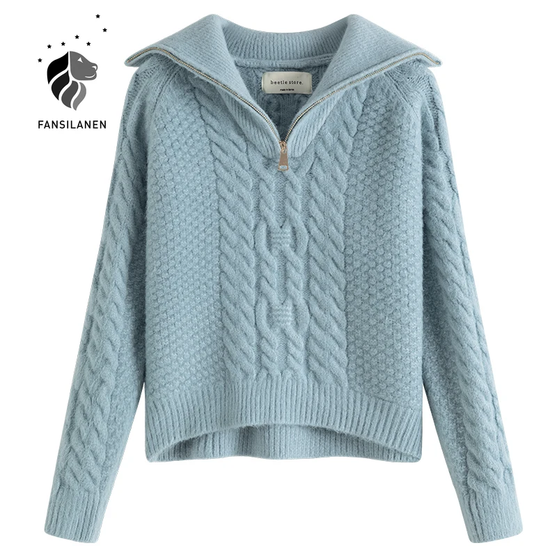 

FANSILANEN Twist elegant blue knitted sweater Women turndown collar zipper vintage pullover Autumn winter casual female jumper