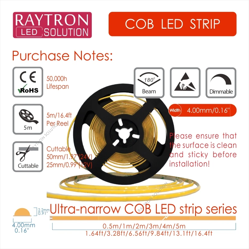 High CRI90 480 Chips Ultra-Narrow 4mm IP20 DC12V Cabinet Etc Light Design 3M Double-Sided Tape 5W/Meter COB Led Strip | Лампы и