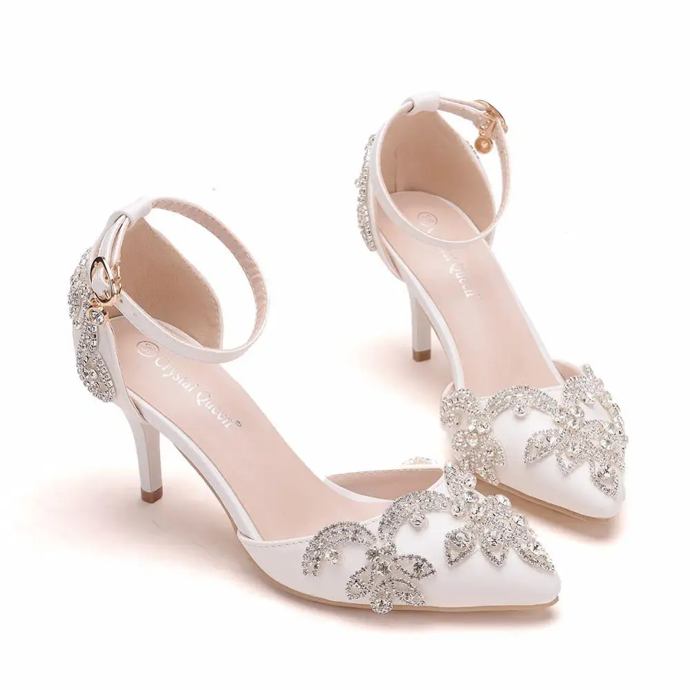 

Crystal Queen Wedding Shoes Bride 7cm Heels Crystal White Pumps Christmas Day Evening Party Luxury Sandals Heel Plus Size 43