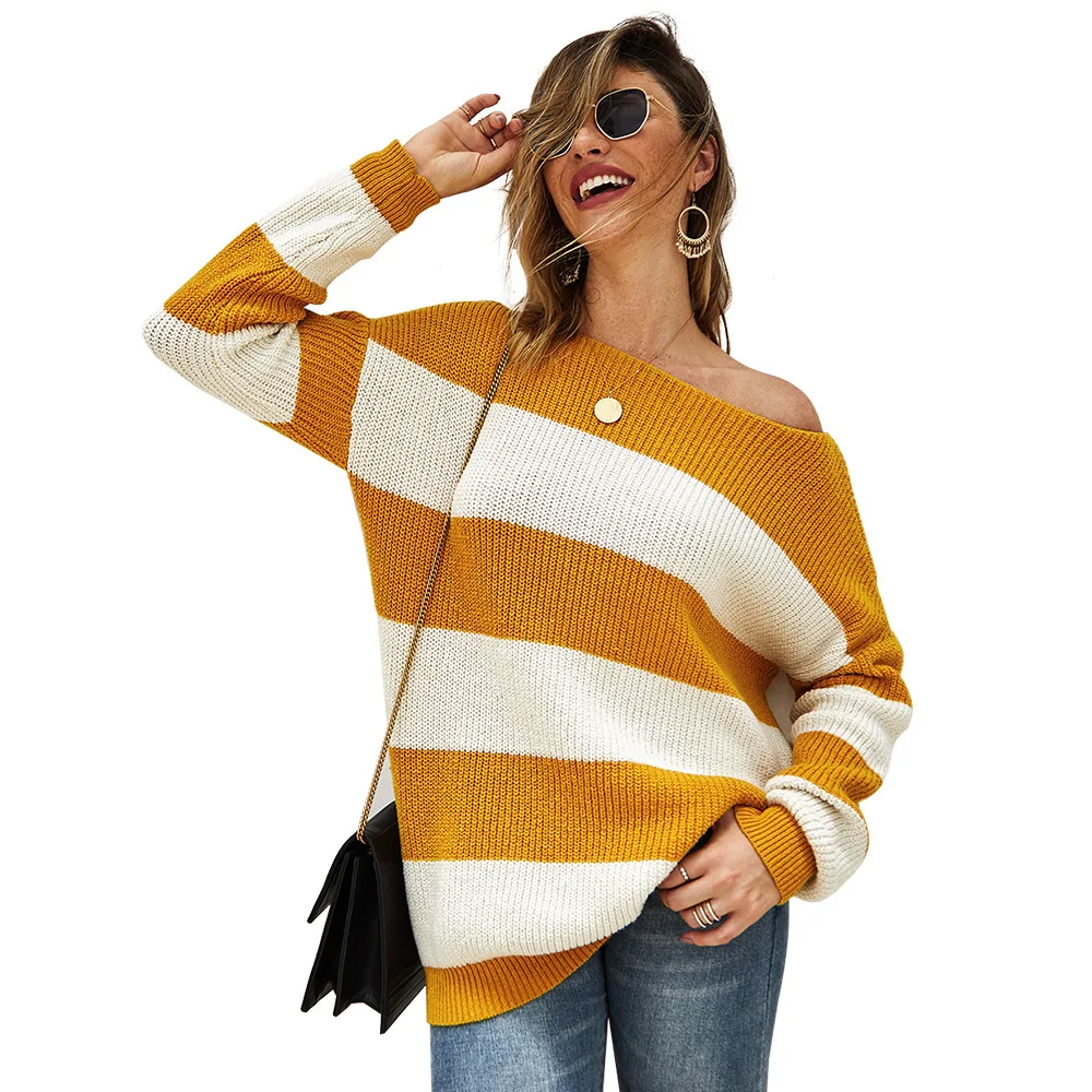 

Sexy Slash Neck Striped Knitted Sweaters Women's 2020 Autumn Yellow Loose Women Sweaters And Pullovers