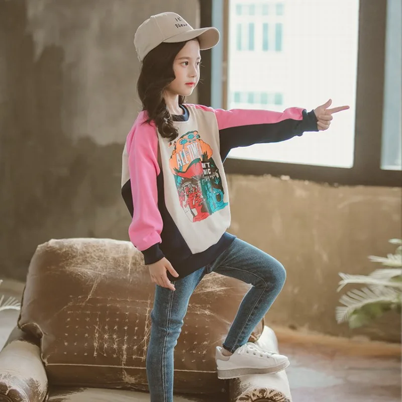 2019 осенний костюм с длинными рукавами для девочек хлопковый розовый свитер