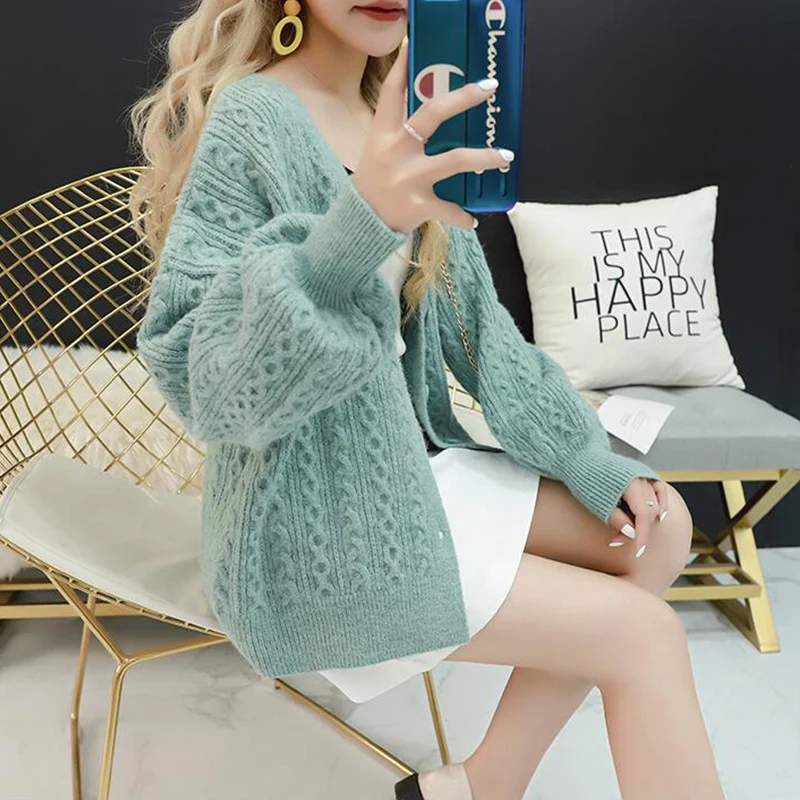 TIGENA Loose Long Sleeve Cardigan Women 2019 Autumn Winter Korean Kawaii Cute Female Knitted Jacket Pink Blue |