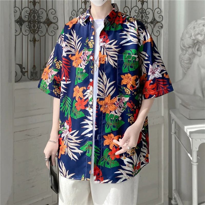 

Hawaiian flower shirt men's retro Hong Kong flavor casual loose port style seaside holiday floral couple short-sleeved shirt tid