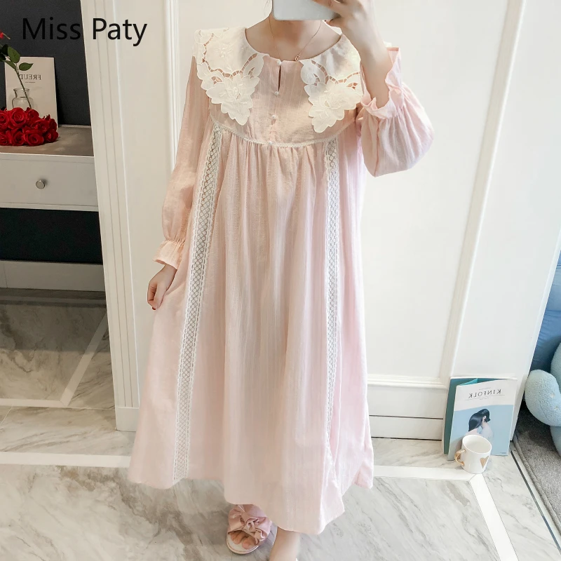 Новинка Женская весенне летняя хлопковая кружевная ночная сорочка с воротником