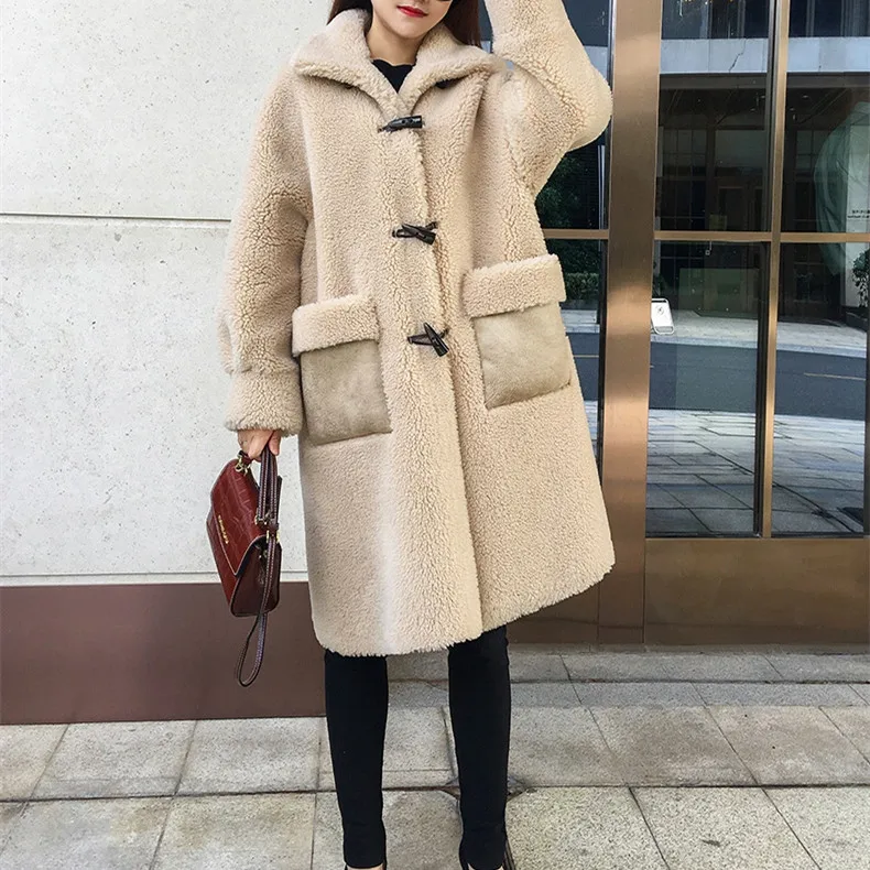 SY07 Fall winter women 30% real wool fur coat overcoat Horn buckle warm pocket sheep shearing girl fur coats lady long jacket - Цвет: beige