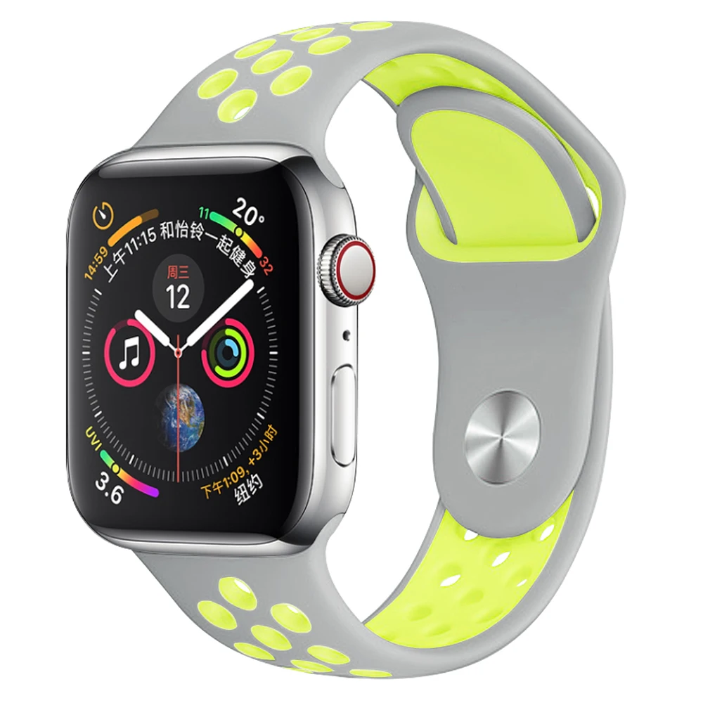 Silver with yellow Мягкий силиконовый сменный спортивный ремешок для Apple Watch, 38 мм, 40 мм, серия 1, 2, 3, 4, 5, 42 мм, 44 мм, браслет на запястье, ремешок для iWatch Sports - Цвет ремешка: Silver with yellow