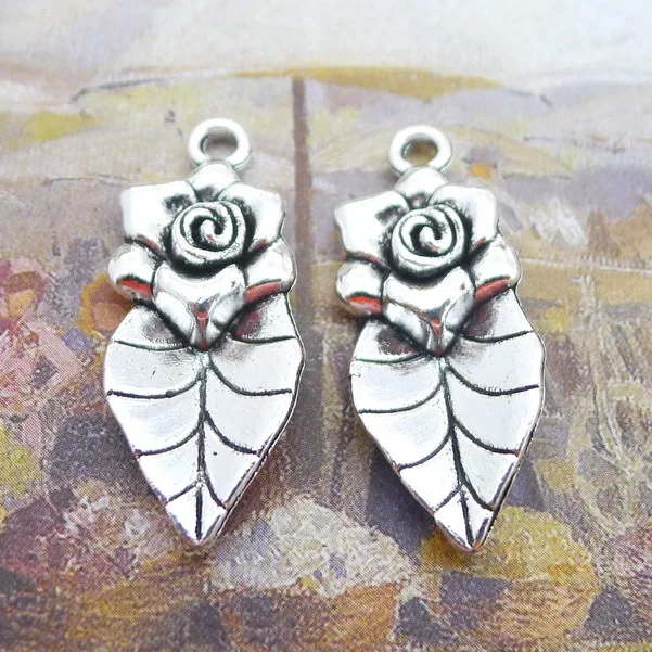 

8PCS/Lot 13mm*33mm Antique Silver Color Flower and Leaf Charm Pendants For Jewelry Making DIY Handmade Craft