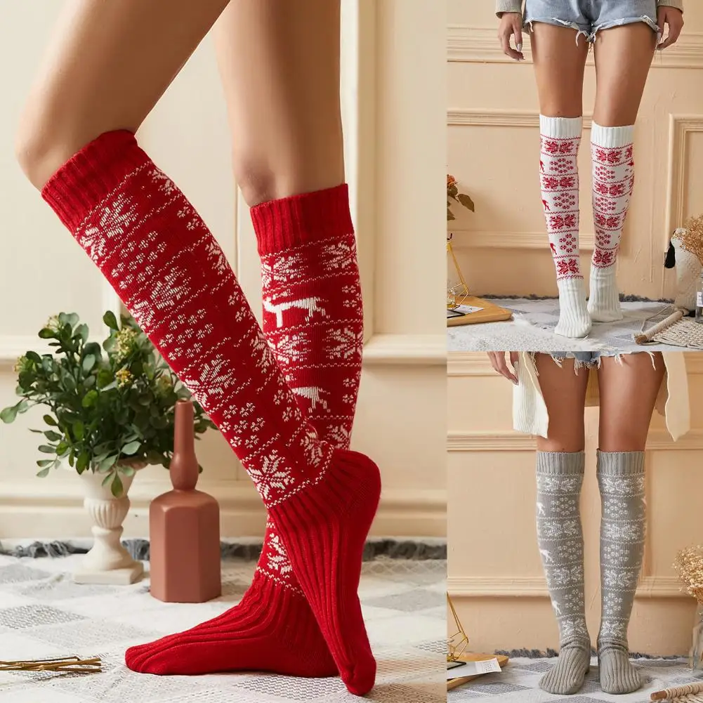 

1 Pair Women Socks Thigh High Jacquard Autumn Winter Warm Knitting Leg Warmers for Christmas