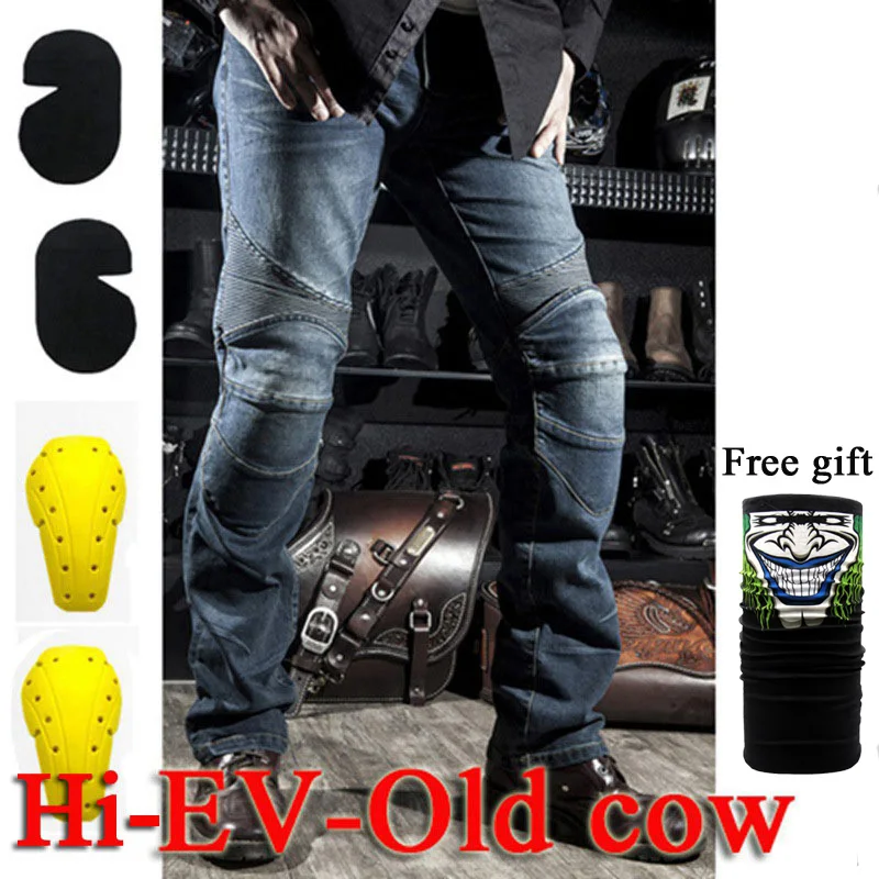 Hi-Old cow Blue B Высокое качество с подкладкой! Штаны для езды на мотоцикле, штаны для езды на велосипеде, рыцарские штаны, внедорожные брюки, 719 синие дышащие мотоциклетные джинсы - Цвет: Hi-Old cow Blue B