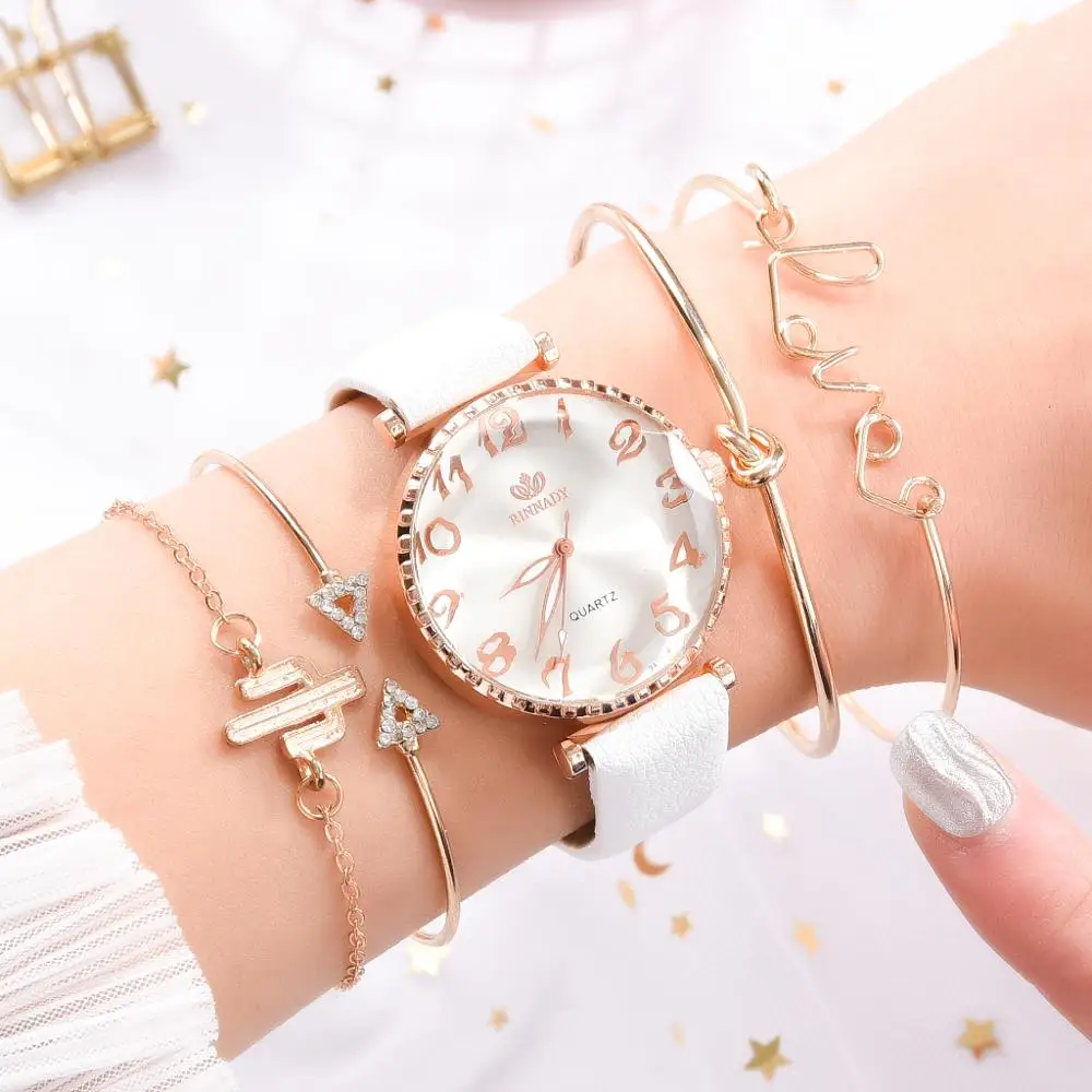 5 stucke Set Luxus Frauen Uhr Armband Mode Damen Armband Uhr Casual Leder Quarz Armbanduhr Uhr Geschenk Relogio Feminino