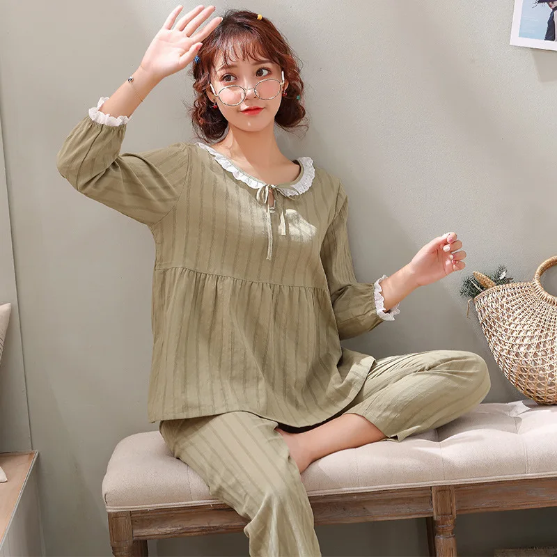 Long Sleeve Pajamas Autumn Trousers Suit Fashion Pyjama Set Large Size Nightwear Home Service House Nightdress Costume Outfit