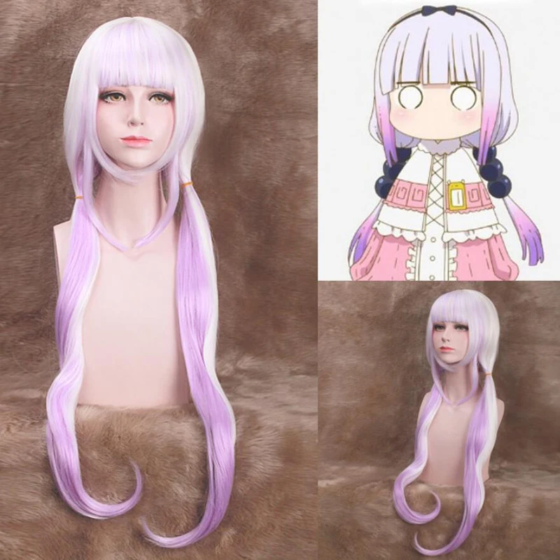 1:1 Kobayashi-san Chi No Maid  Kamui Kanna Wigs Gradient Cosplay Peluca Hair Ornaments Wigs Horns Headdress Accessor 80cm