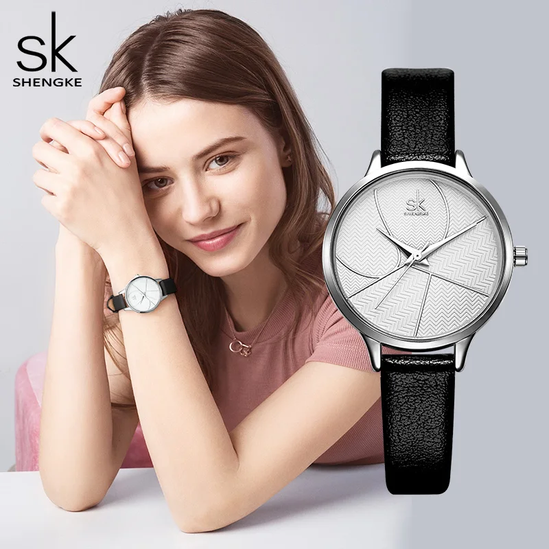 

Часы женские кварцевые Shengke, с кожаным ремешком