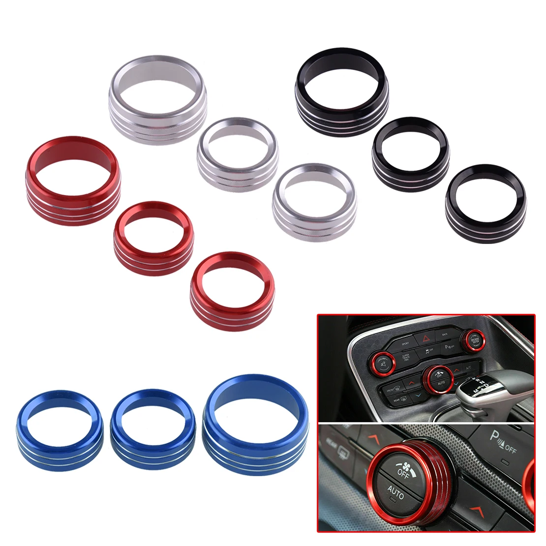 

3Pcs AC CD Volume Switch Button Ring Knob Trim fit for Dodge Challenger Charger Durango Ram Chrysler 300 Blue/Black/Red/Silver