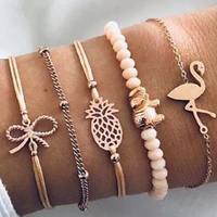 5pcsset women pink beads chains bracelet bangle bowknot elephant pineapple flamingo charm boho jewelry gift