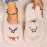 fur sandals women 2022 new fashion crystal butterfly fluffy slippers cute girls designer fux fur slides ladies flip flops shoes