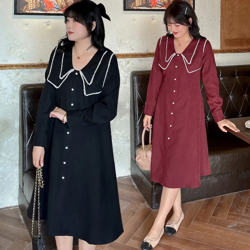 

Женское весеннее платье с кукольным воротником и пуговицами в стиле ретро размера плюс длина до икры Повседневная одежда 100 кг можно носить