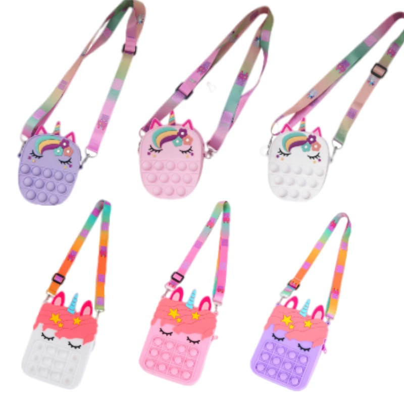 

New popits unicorn pops strawberry coin purse silicone its girl kawaii messenger bag children finger push bubble toy bag gift