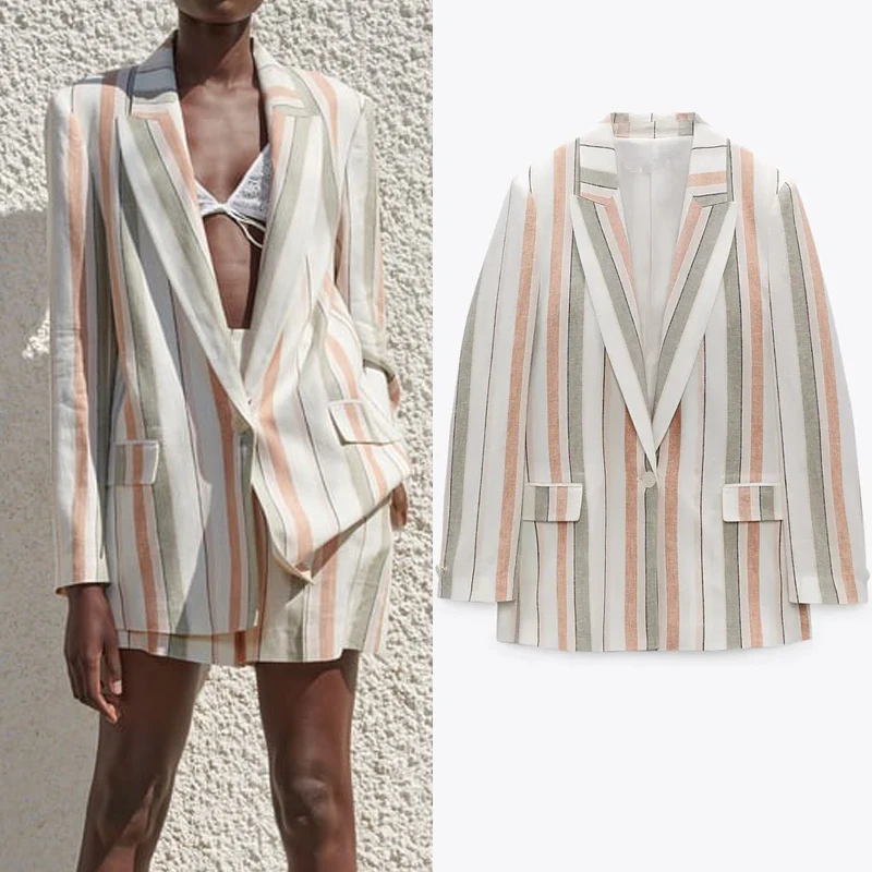 

PSEEWE Za Woman 2021 Striped Jacket Women Blazer Summer Fashion Pockets Long Sleeve Female Blazer Office Wear Casual Jacket