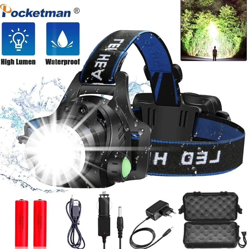Headlamps Most Bright Led Headlamp L2/T6 Work Headlight Head Torch LED Flashlight Head lamp by 18650 battery for Fishing Hunting
