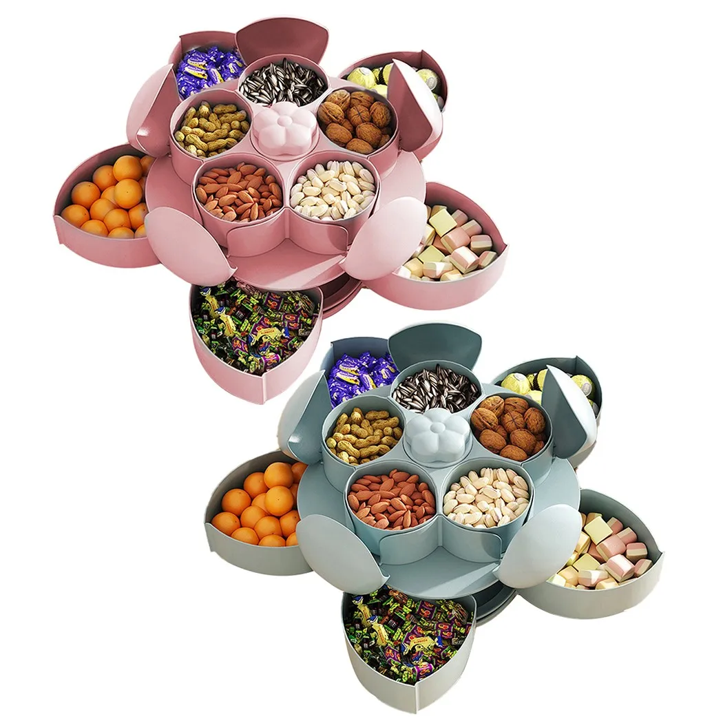 

Двухуровневая вращающаяся коробка для конфет в форме лепестков, пластиковая коробка-поднос для закусок, тарелка для конфет, орехов, фруктов...