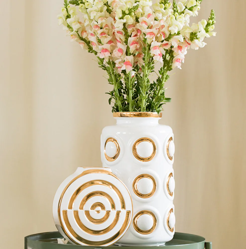 

Creativity Ceramics Vase Ring Texture Golden Relief Vases Desk Decor Flower Insert Artificial Flowers Vintage Home Decoration