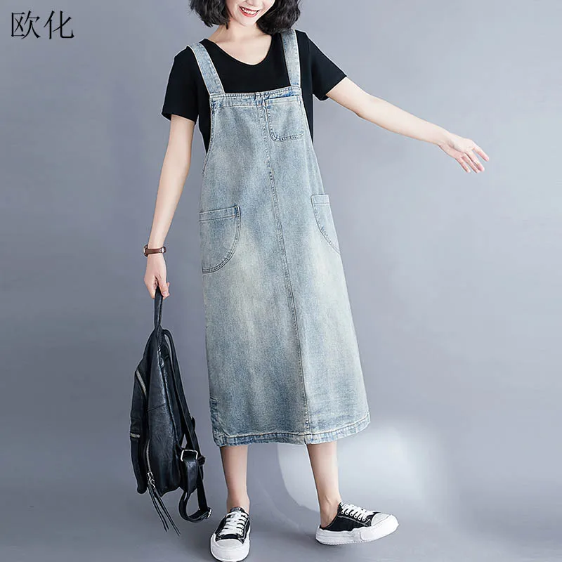 Джинсовое платье макси без рукавов на бретельках винтажное большого размера