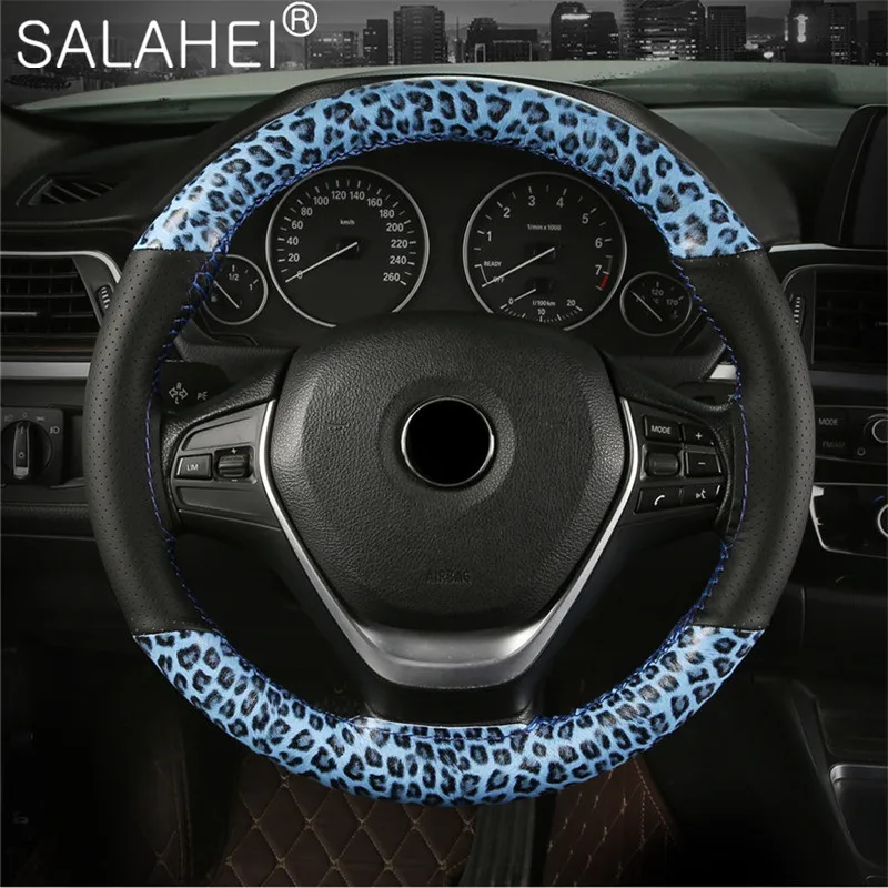 

Microfiber Leather Leopard Print Color Matching Sports Hand-sewn Steering Sheel Cover Skidproof Universal Protector Accessories