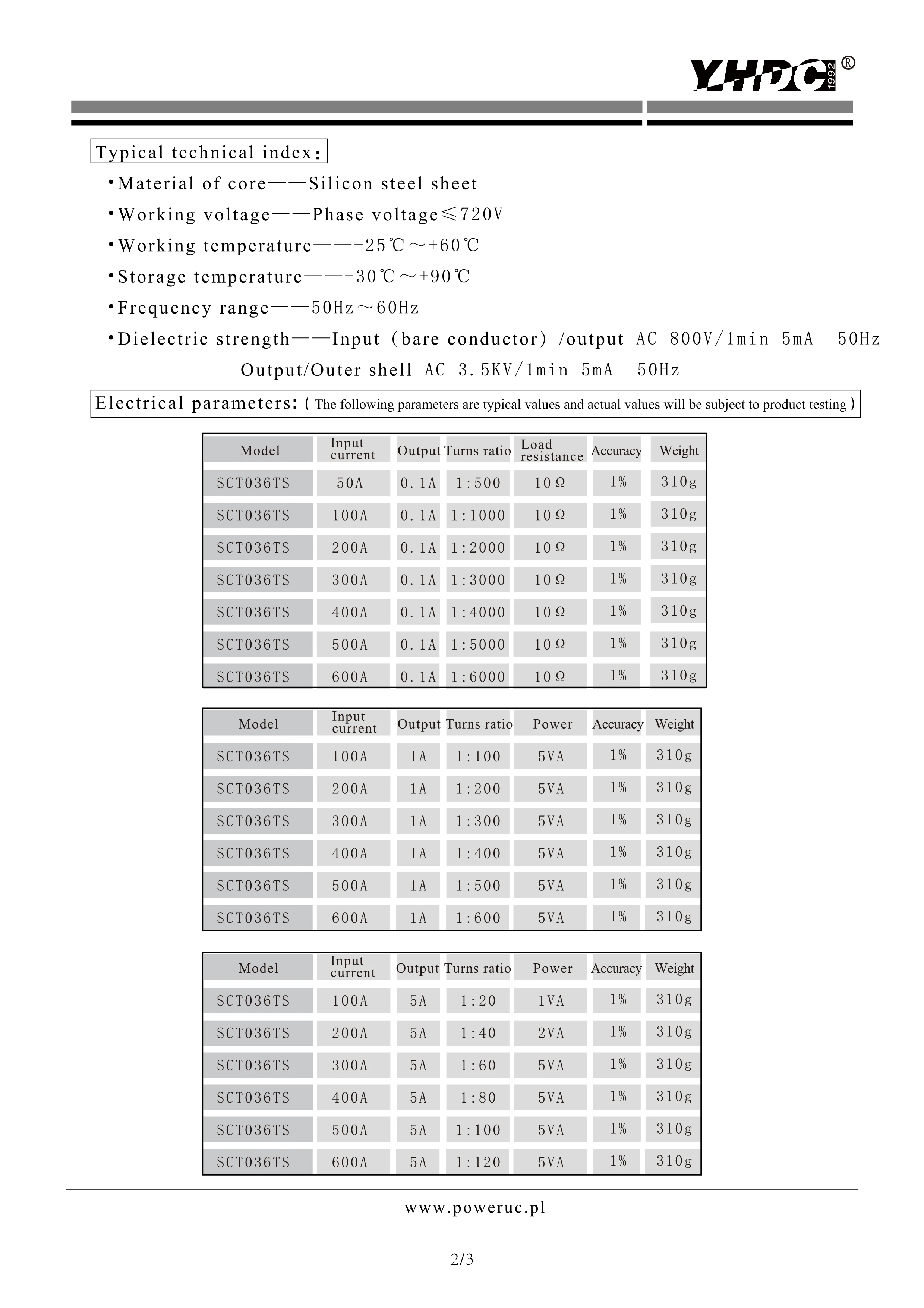 Раздельный трансформатор тока YHDC SCT036TS вход 50A 100A 200A 300A 400A 500A 600A выход 0.1A 1A 5A 0 333 V