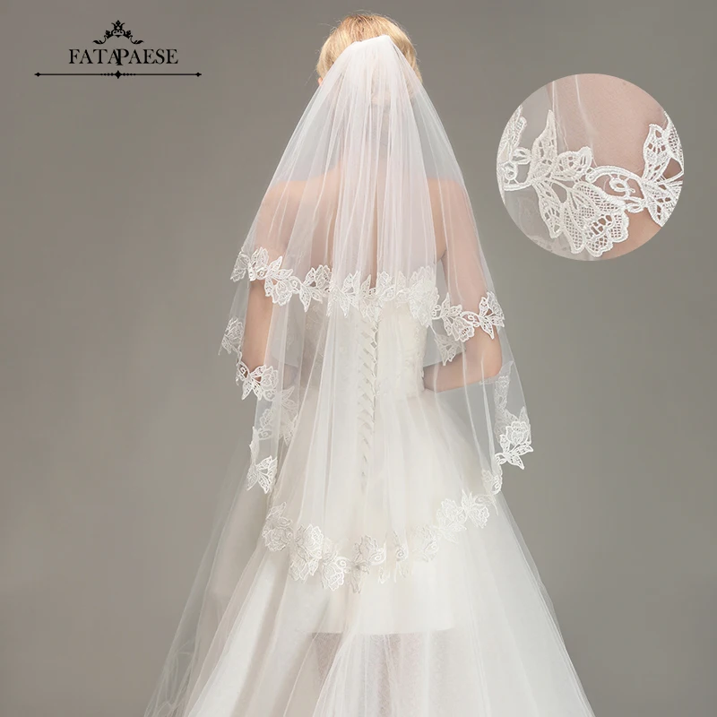 

FATAPAESE Romantic Lace Applique Two Layers Wedding Veils 1.5M Veils With Comb Wedding Accessories Bridal Veil velos de novia