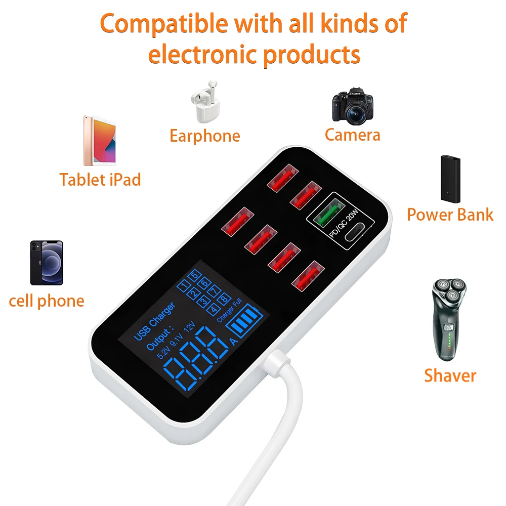 8 портов несколько USB-зарядных устройств с портом быстрой зарядки и ЖК-дисплеем