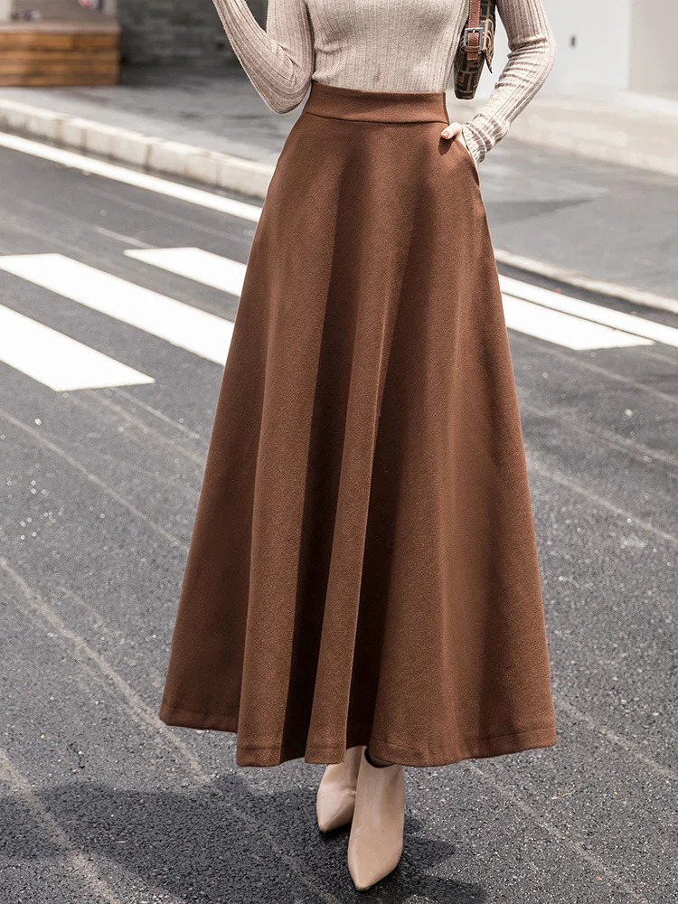 

Женская юбка с высокой талией, однотонная элегантная шерстяная юбка цвета хаки с высокой талией и поясом на резинке, Осень-зима