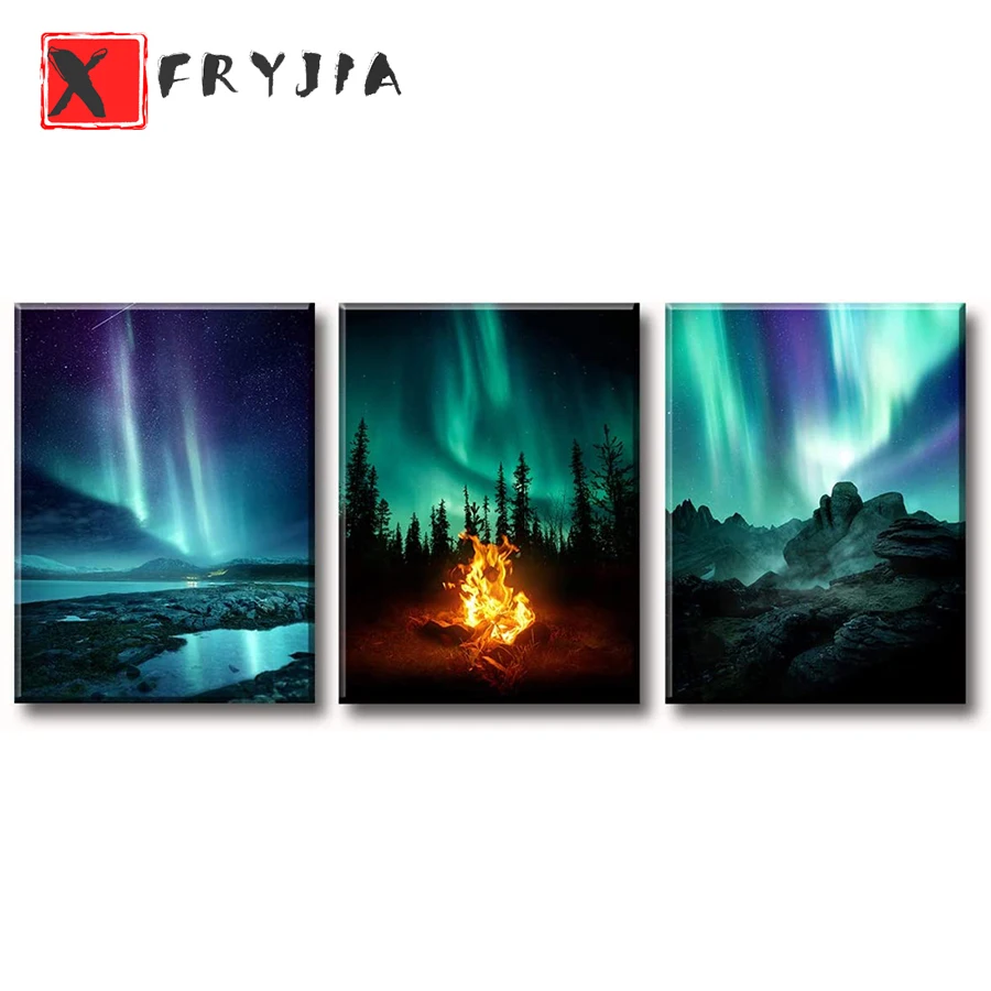 

3pcs 5D DIY Diamond Painting Mosaic decoration Blue green northern lights landscape Full Square round Diamond Embroidery decor