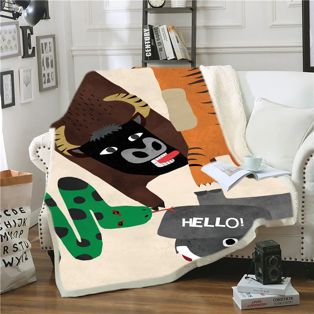 

Флисовое одеяло ручной росписи с принтом животных шерпа мультяшный Тигр Корова змея слон узор плюшевое одеяло для дивана дома дети взрослы...