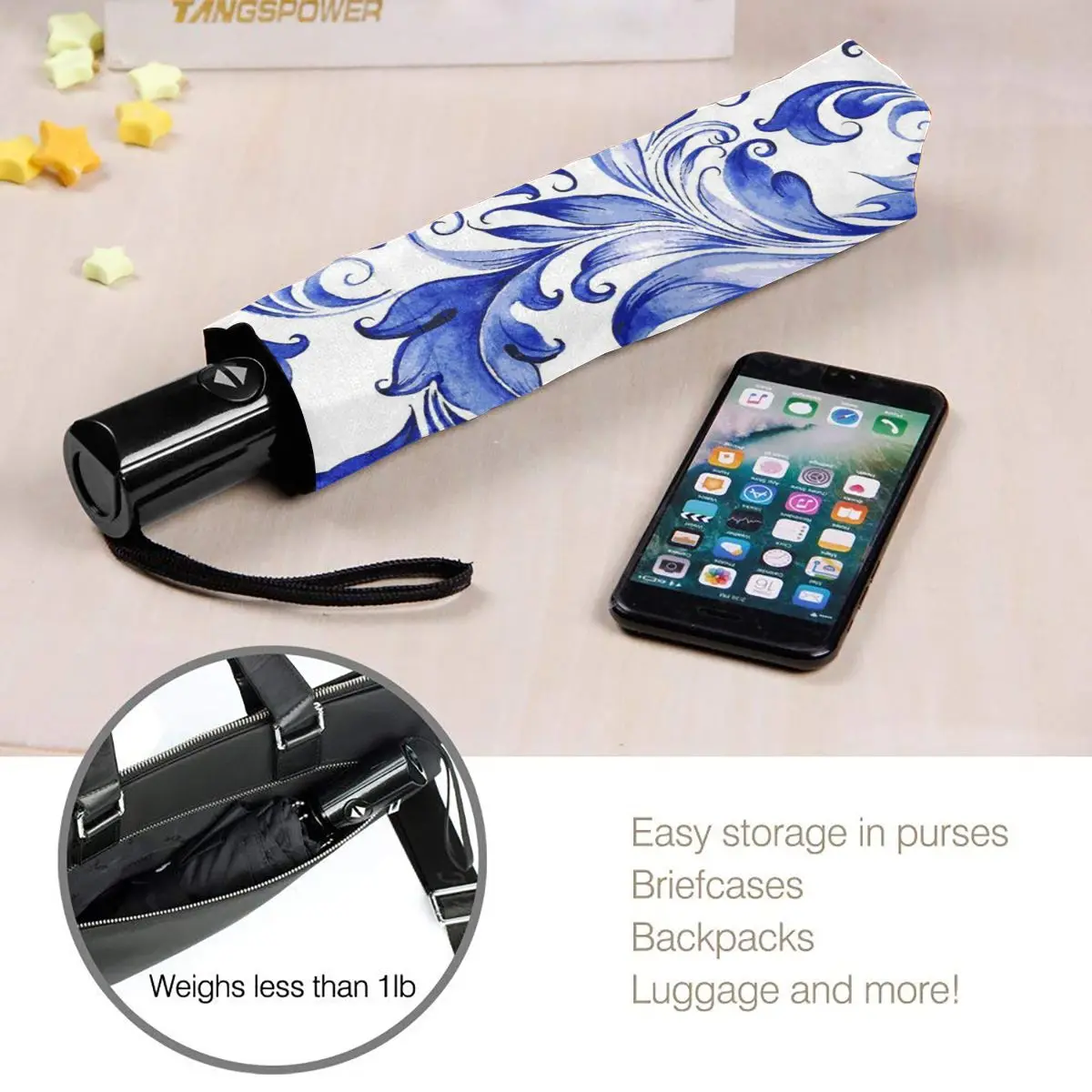 

Wind Resistant Fully-Automatic Umbrella Blue And White Floral Pattern Rain 3 Folding Parasol Travel Car Umbrella