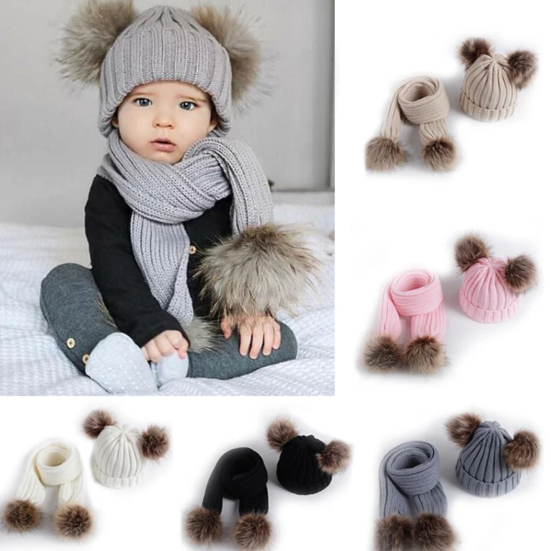 

Winter Thick Warm Baby Hat Set Scarf for Boy Girl Cute Double Pompom Kids Children Beanie Scarves for Boys Girls
