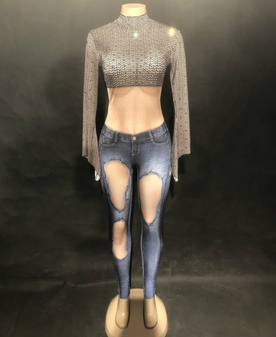 Комбинезон женский джинсовый с 3D-принтом пикантное боди стразы костюм для