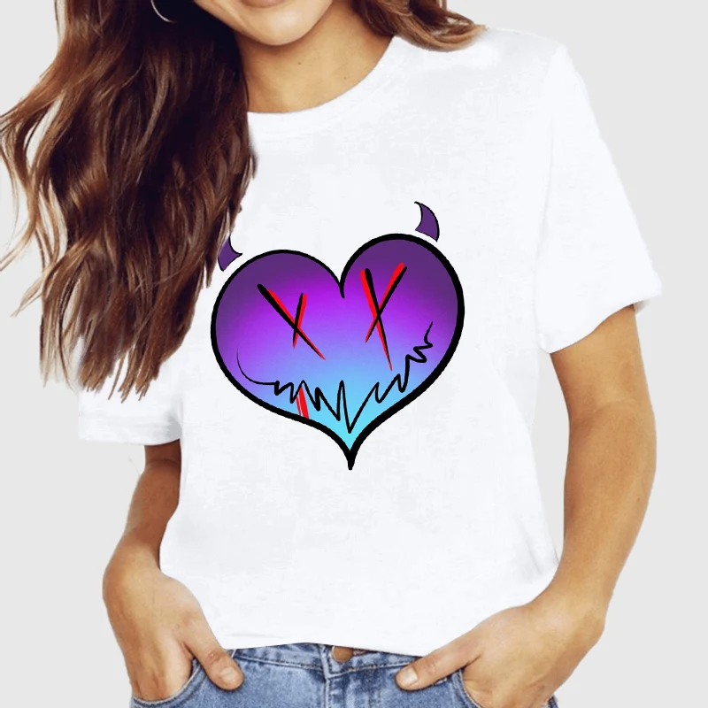 

Women Loose Cartoons Printed Tees Tshirts Heart Graphic Summer Casual Round Neck Female Clothes Simple Top White T-Shirt