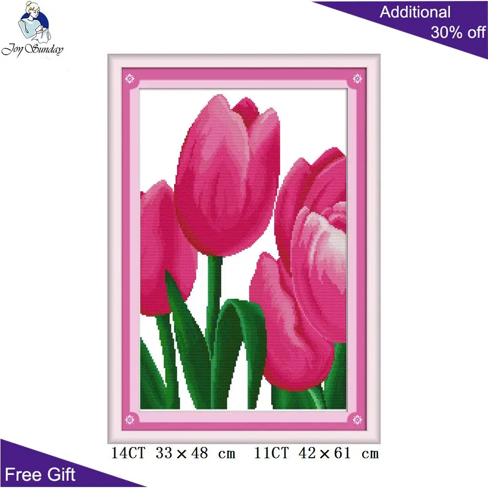 Joy Sunday Розовый тюльпан вышивка наборы H021 (1) (2) (3) 14CT 11CT Счетный и штампованный