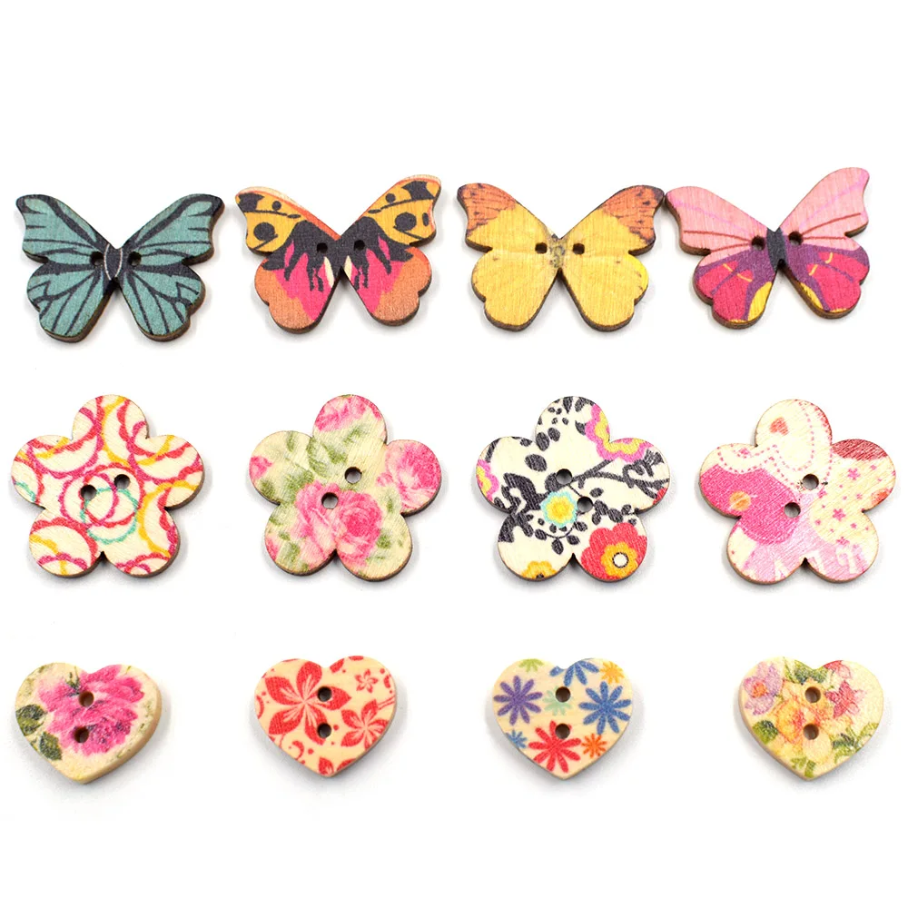 30 шт. деревянные пуговицы для одежды в виде сердца/цветка/бабочки|Пуговицы| |