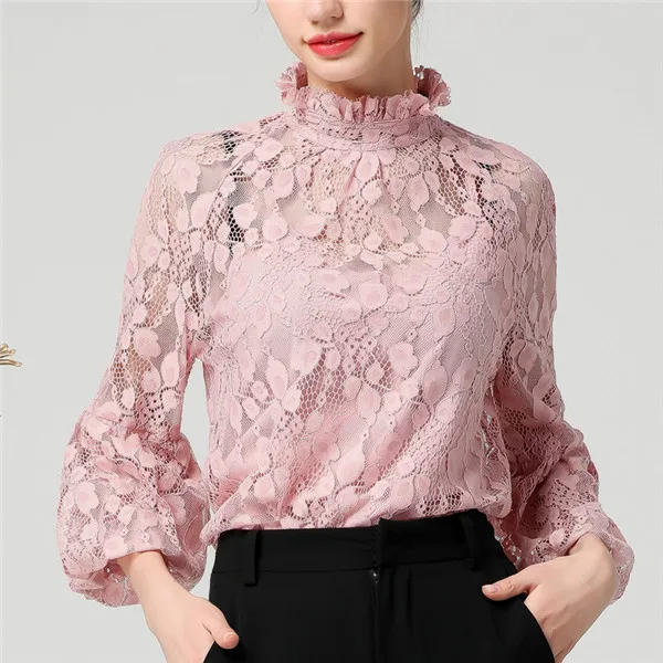 Pink With Tank Top Женская розовая кружевная блузка, топы с цветочным рисунком, топы с топом, стоячий воротник, длинный рукав-фонарик, свободные летние блузки размера плюс 4XL - Цвет: Pink With Tank Top