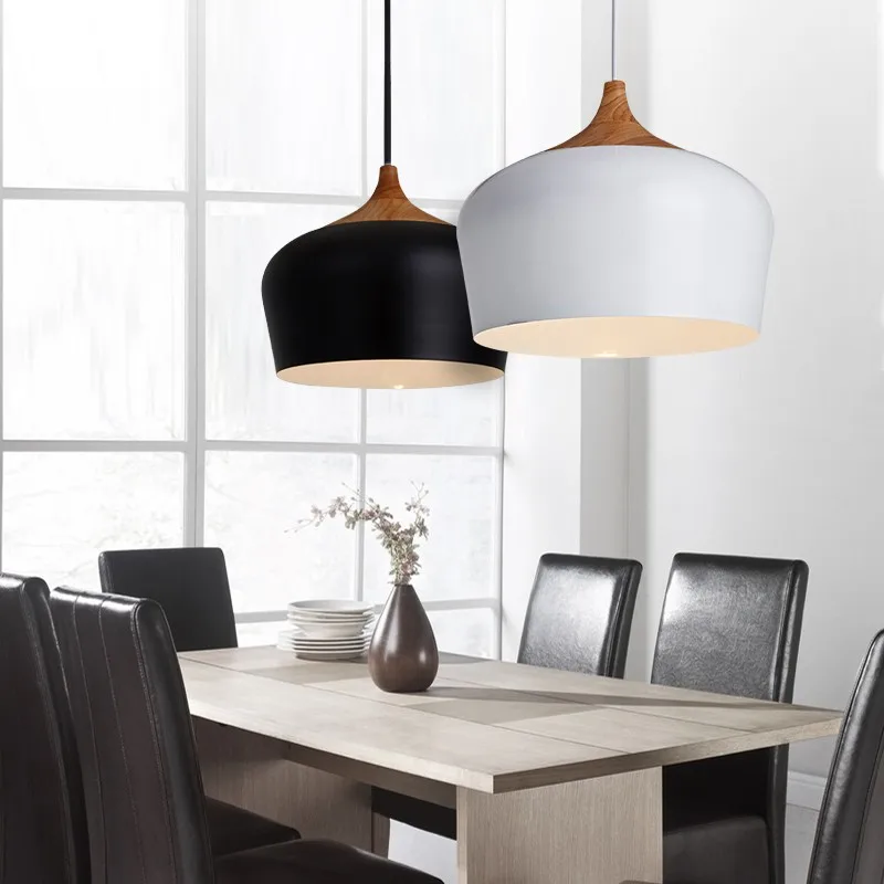 Luces colgantes de estilo nórdico lámpara colgante E27, accesorios de iluminación para Bar, cafetería, restaurante para decoración, Loft, pantalla de aluminio de madera, luces colgantes