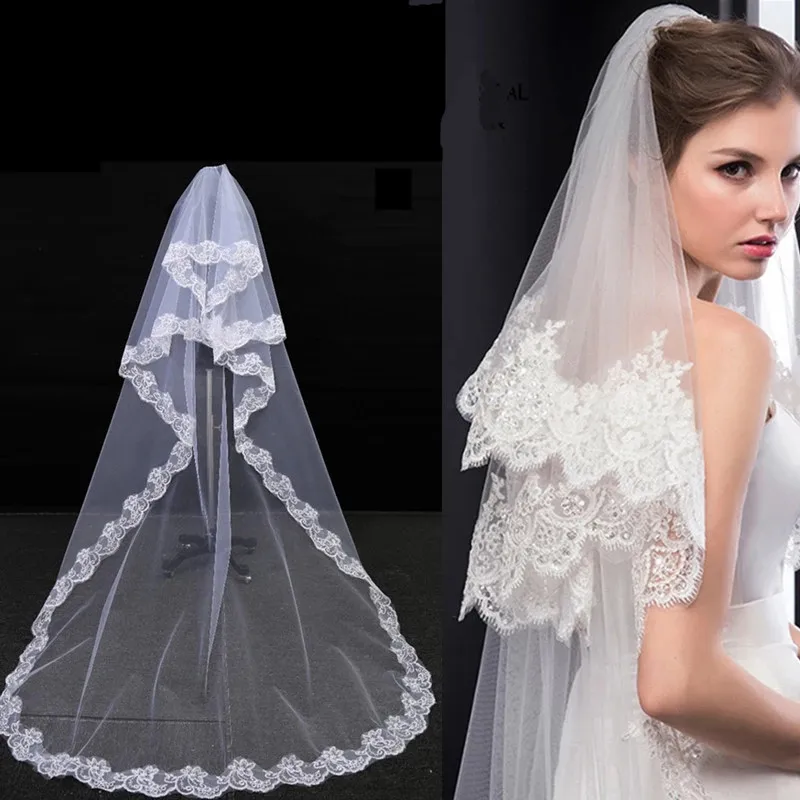 

Romantic 1.5 Meters Elegant Cathedral Long One Layer Lace Edge White Bridal Veil Wedding Veil Mantilla