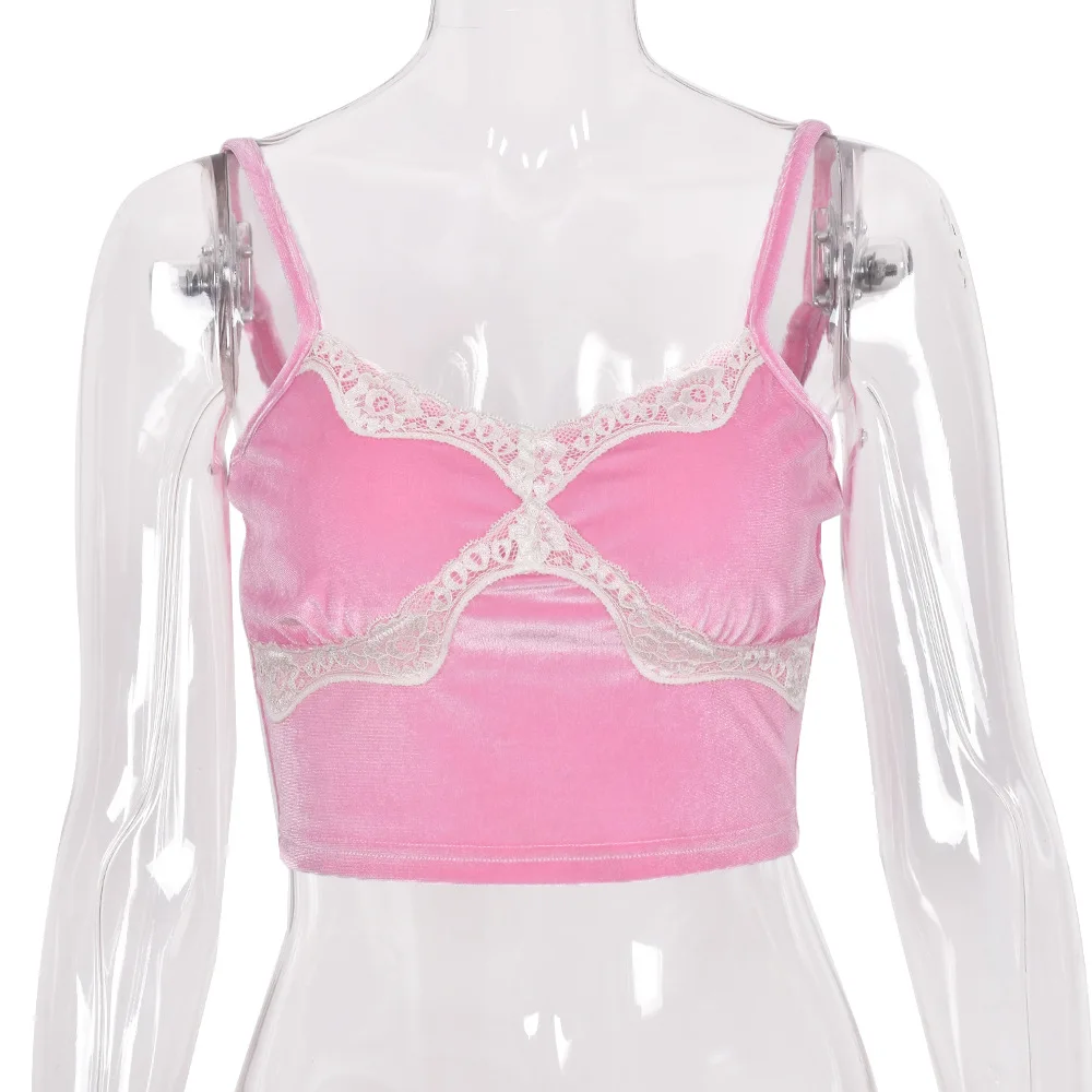 

Y2K EGIRL 2021 Kawaii Criss-Cross Lace Trim Velvet Crop Tops Y2K Aesthetics Pink Backless Cami Tops Spaghetti Strap Cute Tanks