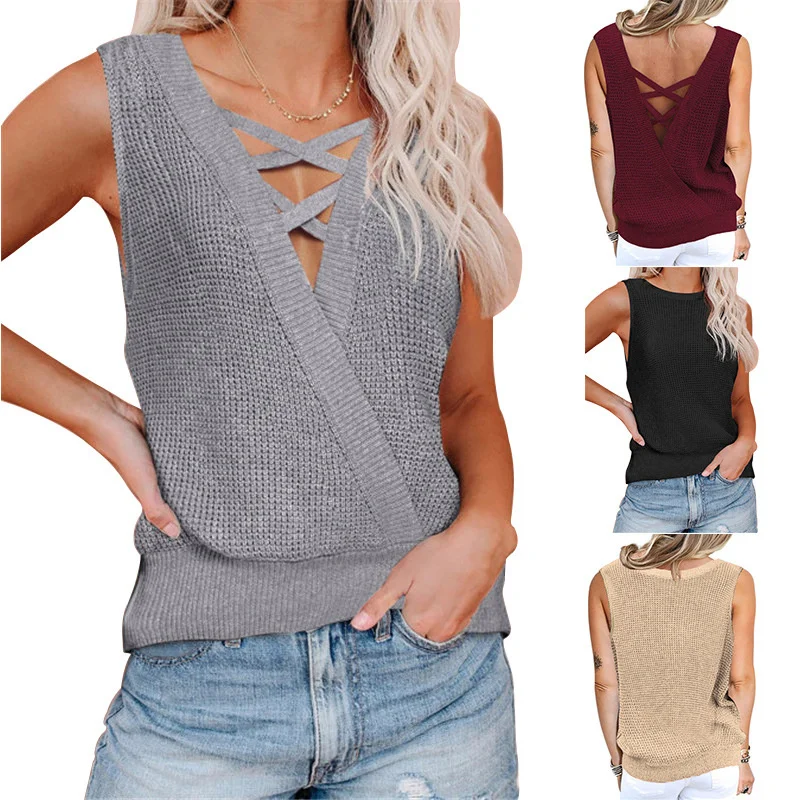 

2021 spring and summer top new women's wear waffle deep V-neck open back sexy vest t shirt women befree