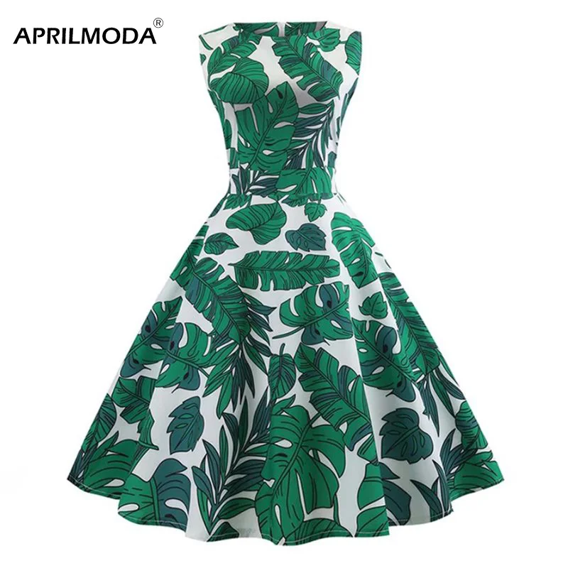 Банан с тропическим принтом листьев без рукавов Сезон лето Винтаж платье