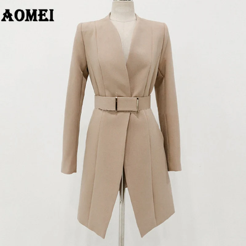 

New Fashion Suit Women Classy Blazer Dress Workwear Office with Waist Belt V Neck Ladies Long Blaser Fall Winter Tops with Pants
